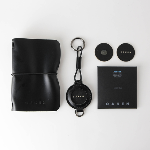 Oaken Lab Travel Gift Sets — Leather Journal + Scented Leather Pendant + Scent Tab Refill